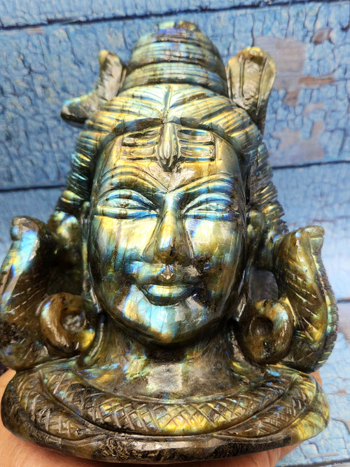 Lord Shiva Head in Labradorite Stone - Embrace the Power and Beauty of the Divine - 6.8 inches and 2.97 kgs