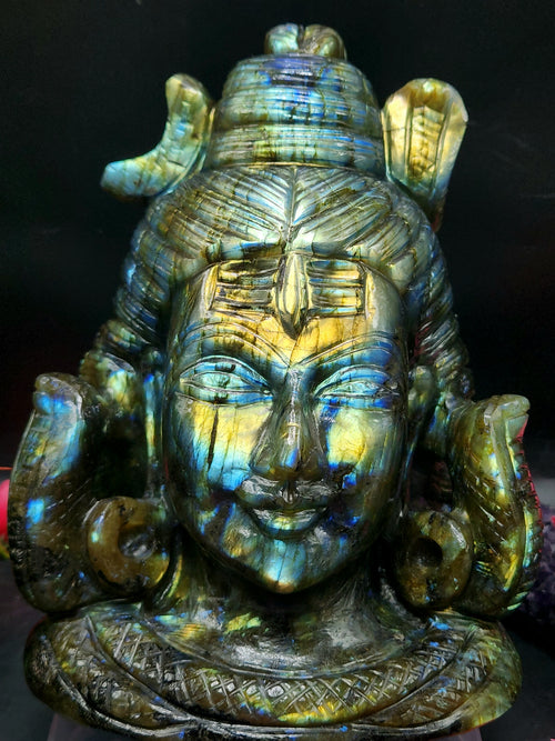 Lord Shiva Head in Labradorite Stone - Embrace the Power and Beauty of the Divine - 6.8 inches and 2.97 kgs