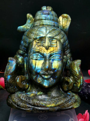 Lord Shiva Head in Labradorite Stone - Embrace the Power and Beauty of the Divine - 6.8 inches and 2.97 kgs