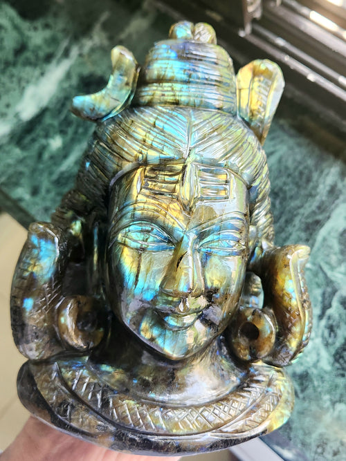 Lord Shiva Head in Labradorite Stone - Embrace the Power and Beauty of the Divine - 6.8 inches and 2.97 kgs