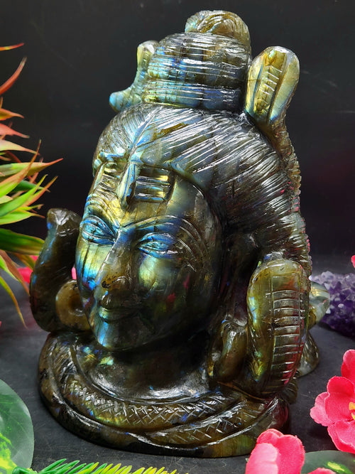 Lord Shiva Head in Labradorite Stone - Embrace the Power and Beauty of the Divine - 6.8 inches and 2.97 kgs