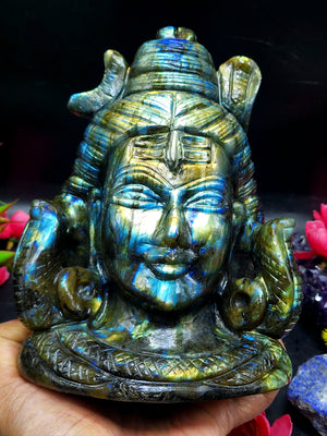 Lord Shiva Head in Labradorite Stone - Embrace the Power and Beauty of the Divine - 6.8 inches and 2.97 kgs