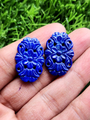 Lapis Lazuli Stone Carved Pair of Earrings with Mughal Floral Design - A Radiant Reflection of Timeless Beauty | Gemstone Earring | Birthday Gift | Daughter's Day Gift | Mother's Day Gift