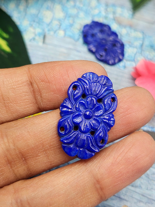 Lapis Lazuli Stone Carved Pair of Earrings with Mughal Floral Design - A Radiant Reflection of Timeless Beauty | Gemstone Earring | Birthday Gift | Daughter's Day Gift | Mother's Day Gift