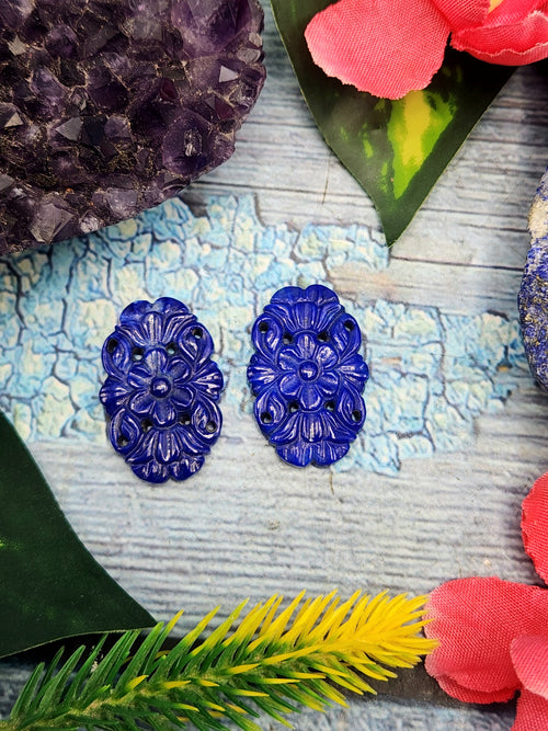 Lapis Lazuli Stone Carved Pair of Earrings with Mughal Floral Design - A Radiant Reflection of Timeless Beauty | Gemstone Earring | Birthday Gift | Daughter's Day Gift | Mother's Day Gift