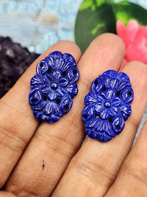 Lapis Lazuli Stone Carved Pair of Earrings with Mughal Floral Design - A Radiant Reflection of Timeless Beauty | Gemstone Earring | Birthday Gift | Daughter's Day Gift | Mother's Day Gift
