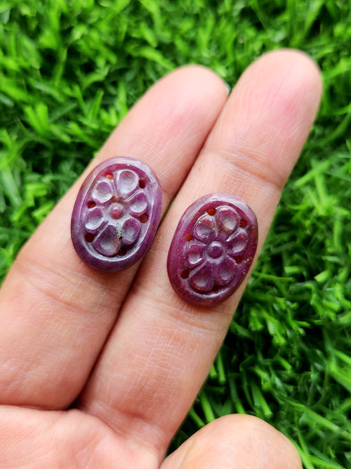 Ruby Floral Carved Stone for Earrings or Pendant - A Journey to Grounding and Security