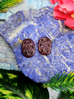 Floral Carved Ruby Stone Pair for Earrings or Pendant - A Journey to Grounding and Security