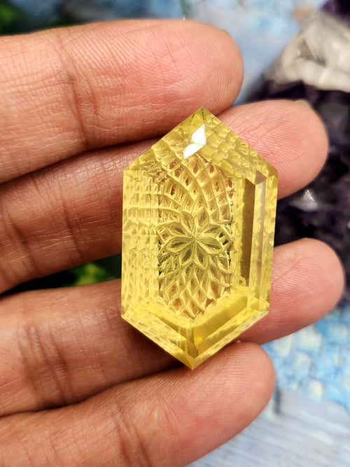 Lemon Quartz Geometric Design Carved Stone for Pendant – Radiant Elegance | Gemstone Pendant | Birthday Gift | Daughter's Day Gift | Mother's Day Gift