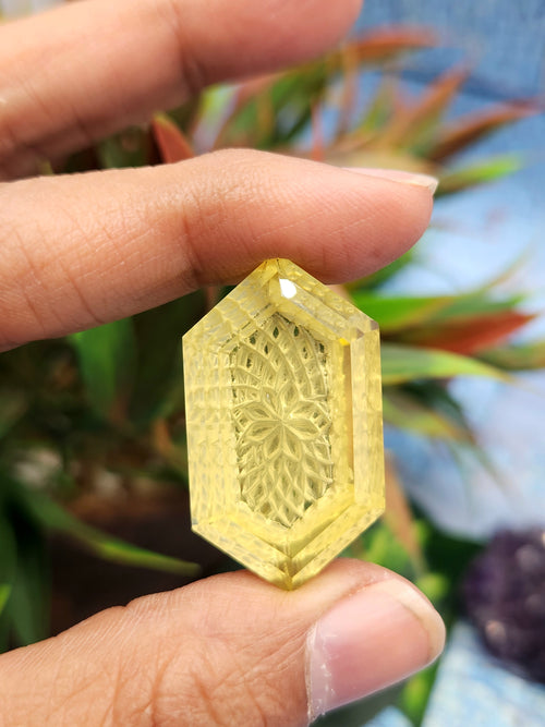 Lemon Quartz Geometric Design Carved Stone for Pendant – Radiant Elegance | Gemstone Pendant | Birthday Gift | Daughter's Day Gift | Mother's Day Gift