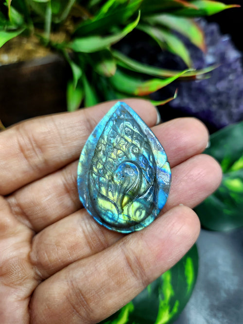 Labradorite Peacock Design Carving For Pendant: A Mystical Shield of Protection & Divine Beauty | Weighing 12 gms