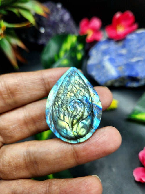 Labradorite Peacock Design Carving For Pendant: A Mystical Shield of Protection & Divine Beauty | Weighing 12 gms