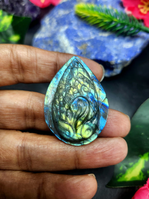 Labradorite Peacock Design Carving For Pendant: A Mystical Shield of Protection & Divine Beauty | Weighing 12 gms
