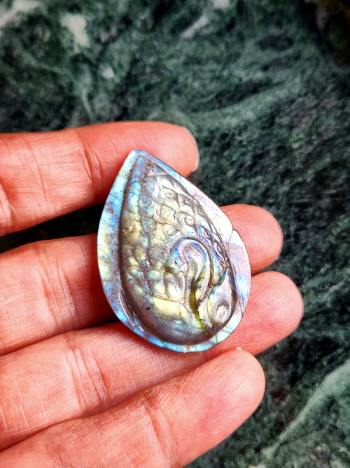 Labradorite Peacock Design Carving For Pendant: A Mystical Shield of Protection & Divine Beauty | Weighing 12 gms