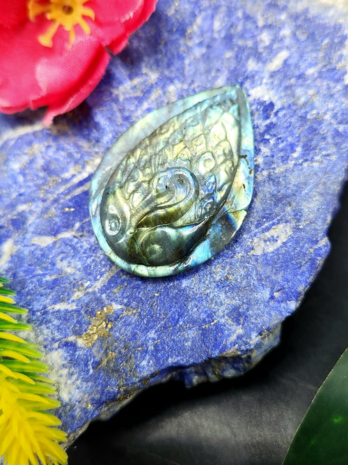 Labradorite Peacock Design Carving For Pendant: A Mystical Shield of Protection & Divine Beauty | Weighing 12 gms