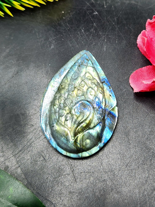 Labradorite Peacock Design Carving For Pendant: A Mystical Shield of Protection & Divine Beauty | Weighing 12 gms