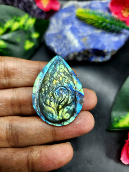 Labradorite Peacock Design Carving For Pendant: A Mystical Shield of Protection & Divine Beauty | Weighing 12 gms