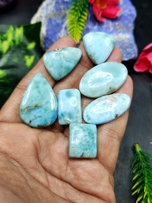 Larimar Cabochons Mix Shaped Loose Gemstone – A Perfect Choice for Jewelry Making & Spiritual Healing - Lot of 7 units