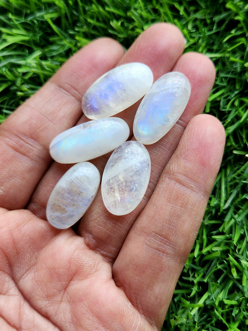 Rainbow Moonstone Cabochons with Blue Flash – Oval Shaped Loose Gemstones for Jewelry Making - Lot of 5 units