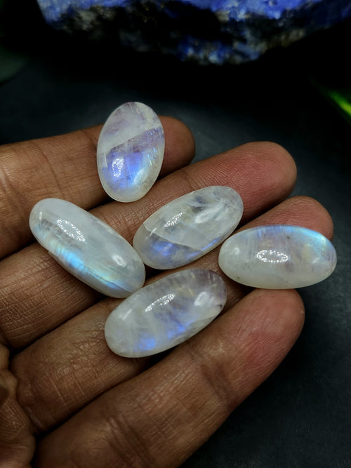 Rainbow Moonstone Cabochons with Blue Flash – Oval Shaped Loose Gemstones for Jewelry Making - Lot of 5 units