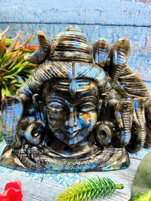 Lord Shiva Head in Labradorite Stone - Embrace the Power and Beauty of the Divine - 6 inches and 2800 gm