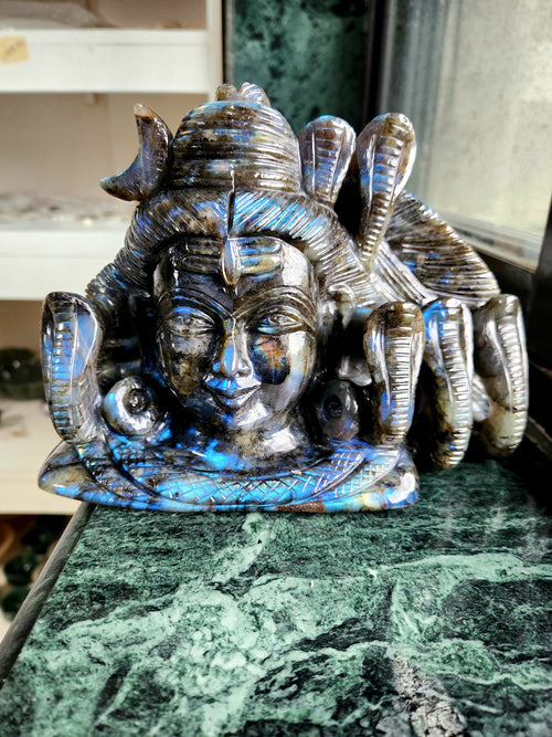 Lord Shiva Head in Labradorite Stone - Embrace the Power and Beauty of the Divine - 6 inches and 2800 gm