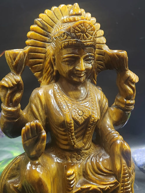 Goddess Laxmi Carving in Tiger Eye Gemstone: Elevate Your Home Space with Prosperity and Divine Blessings | Reiki/Chakra/Healing/Energy