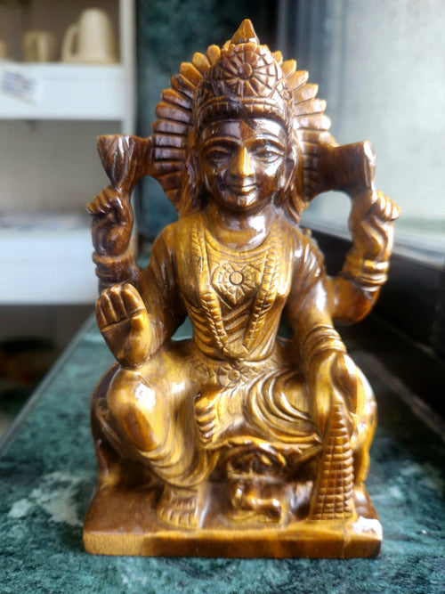 Goddess Laxmi Carving in Tiger Eye Gemstone: Elevate Your Home Space with Prosperity and Divine Blessings | Reiki/Chakra/Healing/Energy