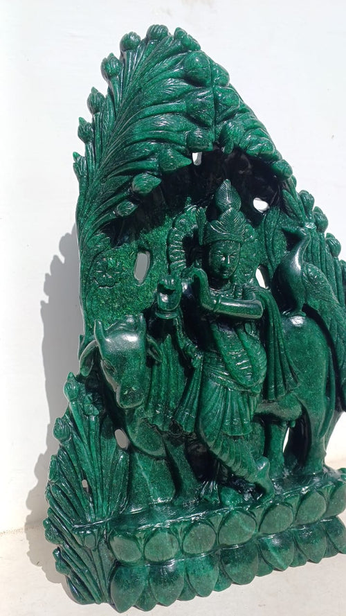 Lord Krishna Carving in Dark Green Aventurine with Mica for Peace, Love & Spiritual Harmony | Reiki/Chakra/Healing/Energy | Home Decor