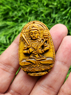 Manjushri Goddess Carved Pendant in Tiger Eye: A Symbol of Wisdom, Protection & Spiritual Strength |  Weight 16 gms