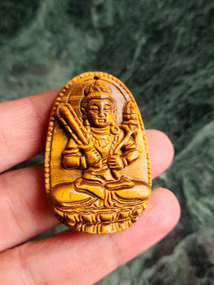 Manjushri Goddess Carved Pendant in Tiger Eye: A Symbol of Wisdom, Protection & Spiritual Strength |  Weight 16 gms