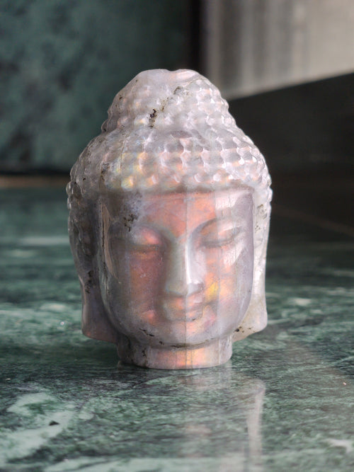 Lord Buddha Head Carving in Purple Labradorite: A Rare Gemstone Masterpiece for Peace, Meditation and Elegant Decor