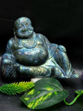 Laughing Buddha in Natural Labradorite Stone – 4" Hand-Carved Symbol of Joy, Abundance & Protection (740g) | Reiki/Chakra/Healing/Energy | Home Decor