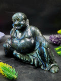 Laughing Buddha in Natural Labradorite Stone – 4" Hand-Carved Symbol of Joy, Abundance & Protection (740g) | Reiki/Chakra/Healing/Energy | Home Decor