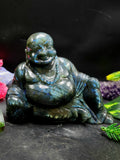 Laughing Buddha in Natural Labradorite Stone – 4" Hand-Carved Symbol of Joy, Abundance & Protection (740g) | Reiki/Chakra/Healing/Energy | Home Decor