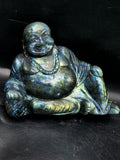 Laughing Buddha in Natural Labradorite Stone – 4" Hand-Carved Symbol of Joy, Abundance & Protection (740g) | Reiki/Chakra/Healing/Energy | Home Decor