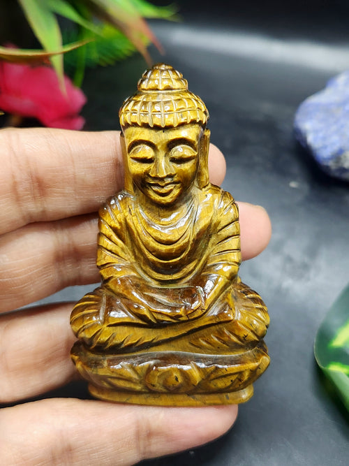 Lord Buddha Carving in Tiger Eye Gemstone – A Symbol of Peace, Strength & Spiritual Balance | Reiki/Chakra/Healing/Energy | Home Decor