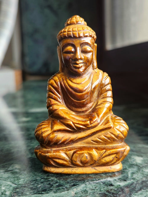 Lord Buddha Carving in Tiger Eye Gemstone – A Symbol of Peace, Strength & Spiritual Balance | Reiki/Chakra/Healing/Energy | Home Decor