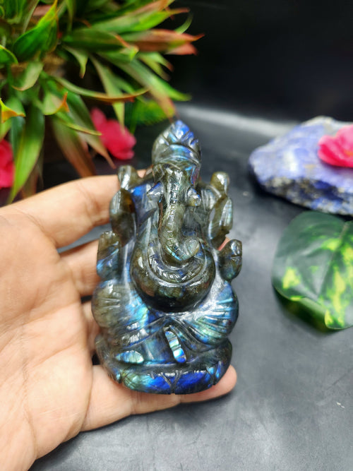 Lord Ganesh Statue in Labradorite Stone: Unlock Divine Power and Prosperity | Reiki/Chakra/Healing/Energy | Home Decor