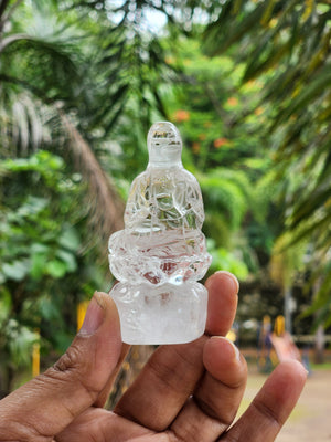 Sitting Kwan Yin Carving in Clear Quartz – A Graceful Emblem of Compassion, Protection and Positive Energy for Your Sacred Space | ONE PIECE ONLY