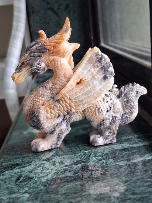Flying Dragon Carving in Yellow Jade – Symbol of Power, Prosperity, and Protection