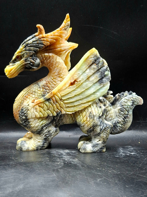 Flying Dragon Carving in Yellow Jade – Symbol of Power, Prosperity, and Protection