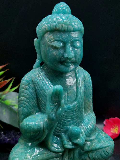 Lord Buddha Statue in Sitting Posture Carved from Amazonite Gemstone – A Divine Symbol of Peace, Blessings & Heart-Centered Energy