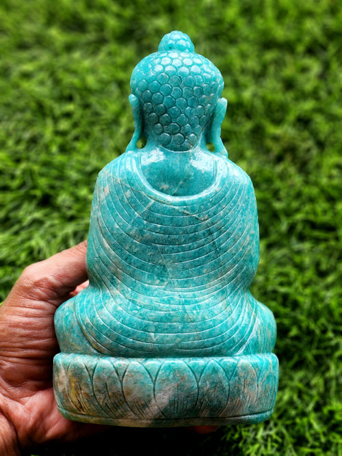 Lord Buddha Statue in Sitting Posture Carved from Amazonite Gemstone – A Divine Symbol of Peace, Blessings & Heart-Centered Energy