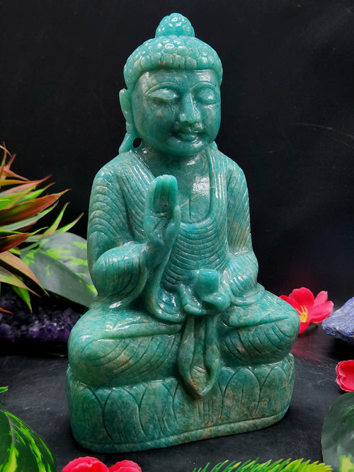 Lord Buddha Statue in Sitting Posture Carved from Amazonite Gemstone – A Divine Symbol of Peace, Blessings & Heart-Centered Energy