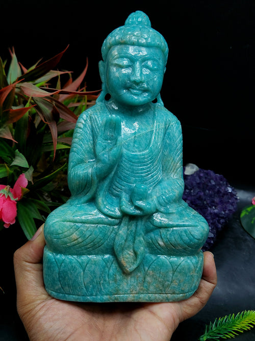 Lord Buddha Statue in Sitting Posture Carved from Amazonite Gemstone – A Divine Symbol of Peace, Blessings & Heart-Centered Energy