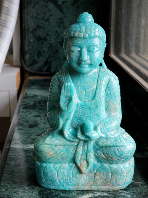 Lord Buddha Statue in Sitting Posture Carved from Amazonite Gemstone – A Divine Symbol of Peace, Blessings & Heart-Centered Energy