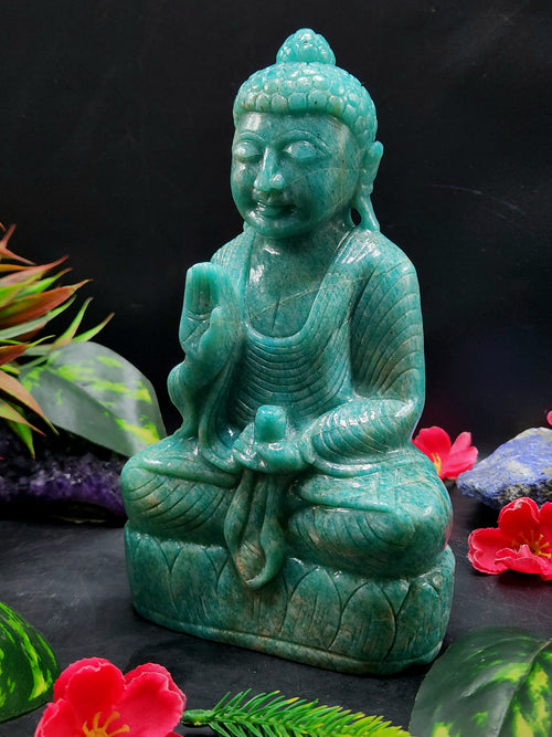 Lord Buddha Statue in Sitting Posture Carved from Amazonite Gemstone – A Divine Symbol of Peace, Blessings & Heart-Centered Energy