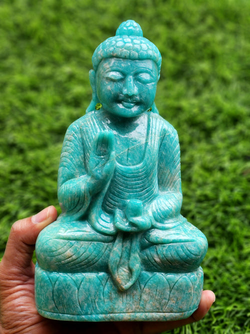 Lord Buddha Statue in Sitting Posture Carved from Amazonite Gemstone – A Divine Symbol of Peace, Blessings & Heart-Centered Energy