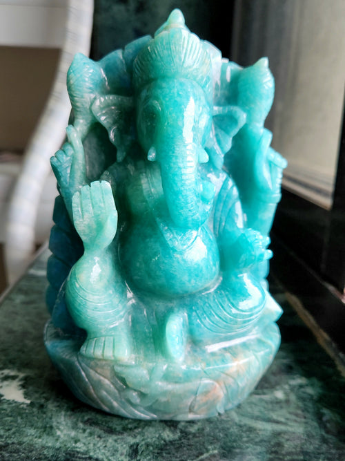 Lord Ganesha Statue in Amazonite Gemstone: Unlock Divine Power and Prosperity | Reiki/Chakra/Healing/Energy | Home Decor